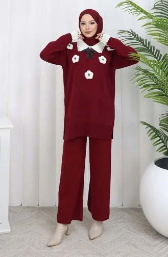 Ensemble Deux Pièces En Tricot Avec Tunique Et Pantalon à Fleurs Appliquées 1113-01 Bordeaux 1113-01