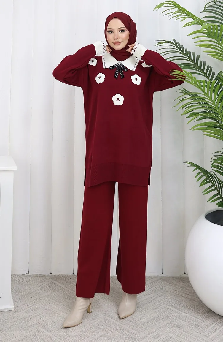 Ensemble Deux Pièces En Tricot Avec Tunique Et Pantalon à Fleurs Appliquées 1113-01 Bordeaux 1113-01