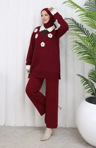 Ensemble Deux Pièces En Tricot Avec Tunique Et Pantalon à Fleurs Appliquées 1113-01 Bordeaux 1113-01