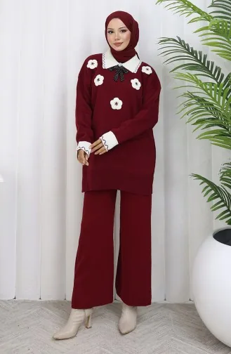 Ensemble Deux Pièces En Tricot Avec Tunique Et Pantalon à Fleurs Appliquées 1113-01 Bordeaux 1113-01