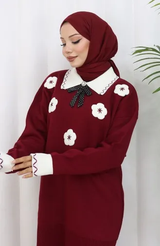Ensemble Deux Pièces En Tricot Avec Tunique Et Pantalon à Fleurs Appliquées 1113-01 Bordeaux 1113-01