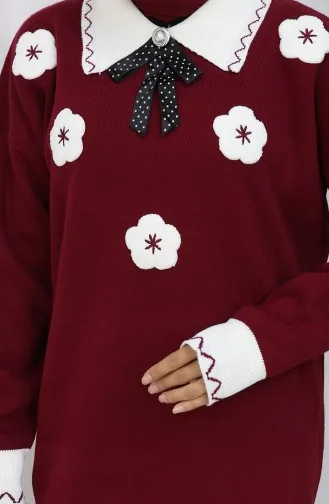Ensemble Deux Pièces En Tricot Avec Tunique Et Pantalon à Fleurs Appliquées 1113-01 Bordeaux 1113-01