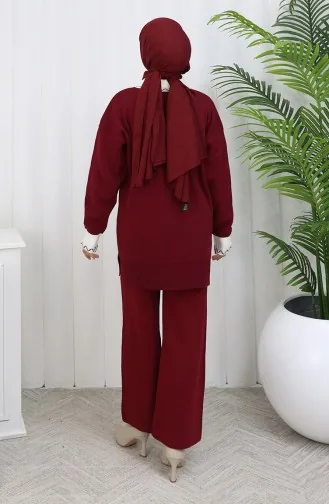 Ensemble Deux Pièces En Tricot Avec Tunique Et Pantalon à Fleurs Appliquées 1113-01 Bordeaux 1113-01
