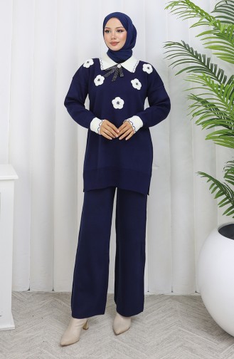 Gebreid Bloemen Tuniek Broek Tweedelig Pak 1113-02 Marineblauw 1113-02
