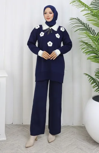Triko Çiçek Aplikeli Tunik Pantolon İkili Takım 1113-02 Lacivert