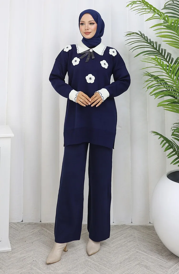 Triko Çiçek Aplikeli Tunik Pantolon İkili Takım 1113-02 Lacivert