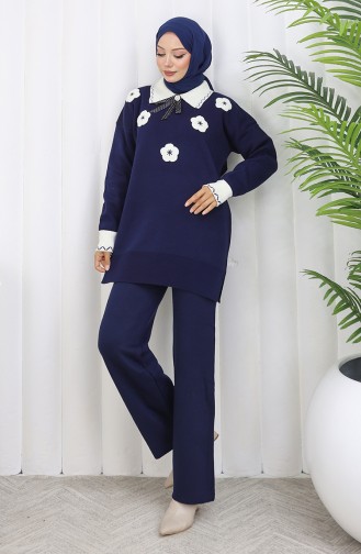 Gebreid Bloemen Tuniek Broek Tweedelig Pak 1113-02 Marineblauw 1113-02