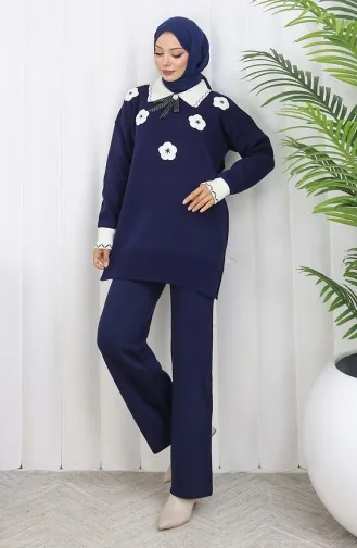 Triko Çiçek Aplikeli Tunik Pantolon İkili Takım 1113-02 Lacivert