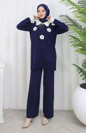 Gebreid Bloemen Tuniek Broek Tweedelig Pak 1113-02 Marineblauw 1113-02