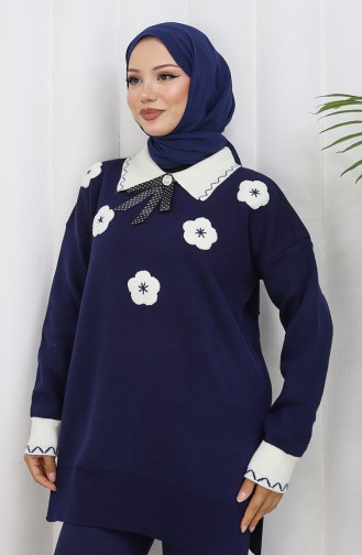Gebreid Bloemen Tuniek Broek Tweedelig Pak 1113-02 Marineblauw 1113-02