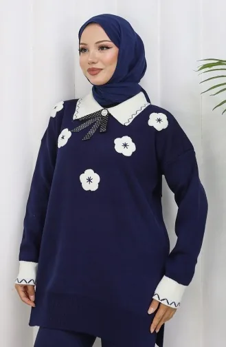 Triko Çiçek Aplikeli Tunik Pantolon İkili Takım 1113-02 Lacivert