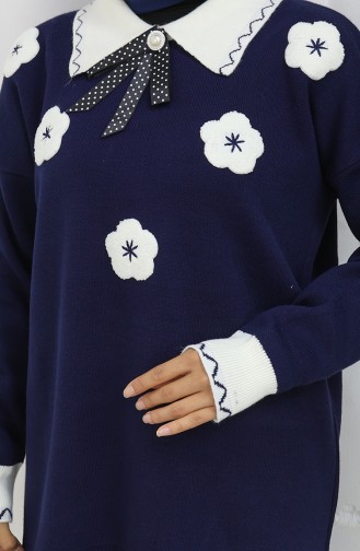 Gebreid Bloemen Tuniek Broek Tweedelig Pak 1113-02 Marineblauw 1113-02