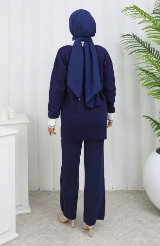 Gebreid Bloemen Tuniek Broek Tweedelig Pak 1113-02 Marineblauw 1113-02