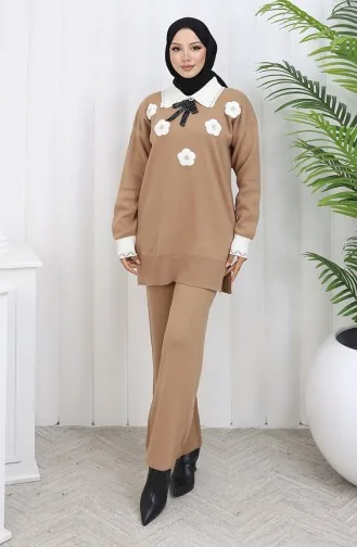 Triko Çiçek Aplikeli Tunik Pantolon İkili Takım 1113-03 Sütlü kahve