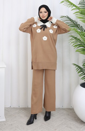 Strickmode Blumen Applikation Tunika Hose Zweiteiler 1113-03 Milchkaffee 1113-03