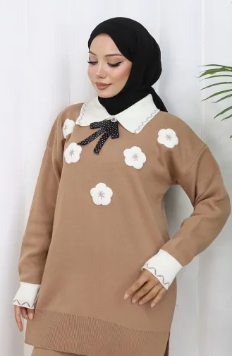 Triko Çiçek Aplikeli Tunik Pantolon İkili Takım 1113-03 Sütlü kahve