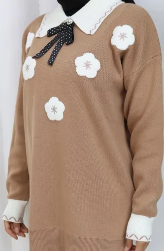 Triko Çiçek Aplikeli Tunik Pantolon İkili Takım 1113-03 Sütlü kahve