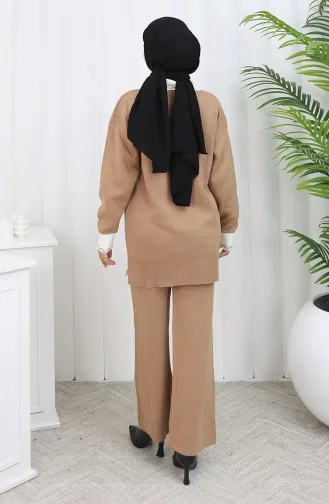 Triko Çiçek Aplikeli Tunik Pantolon İkili Takım 1113-03 Sütlü kahve