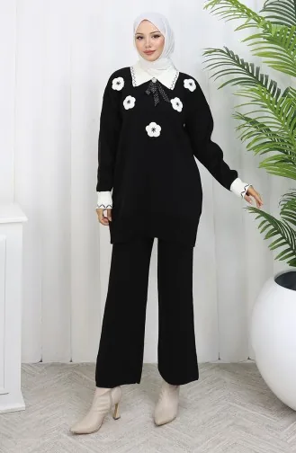 Triko Çiçek Aplikeli Tunik Pantolon İkili Takım 1113-04 Siyah