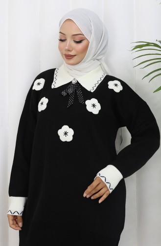 Gebreide Tuniek Met Bloemenapplicatie Tweedelige Set 1113-04 Zwart 1113-04