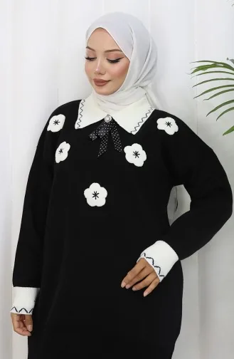 Triko Çiçek Aplikeli Tunik Pantolon İkili Takım 1113-04 Siyah