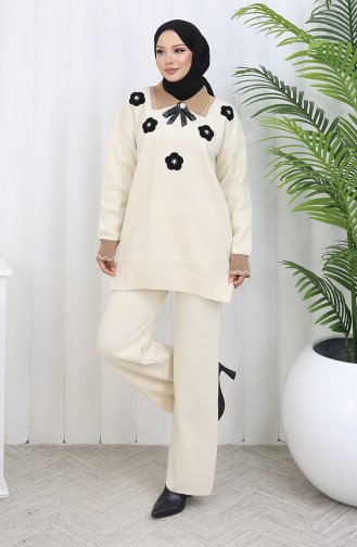 Gebreide Tuniek Met Bloemenapplicatie Tweedelige Set Beige 1113-05 1113-05