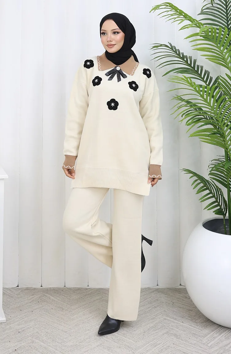 Triko Çiçek Aplikeli Tunik Pantolon İkili Takım 1113-05 Bej
