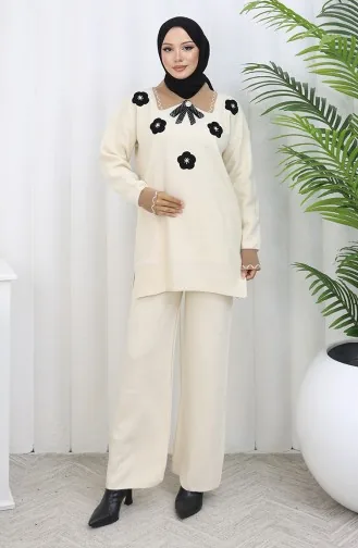 Triko Çiçek Aplikeli Tunik Pantolon İkili Takım 1113-05 Bej