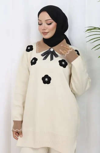 Triko Çiçek Aplikeli Tunik Pantolon İkili Takım 1113-05 Bej