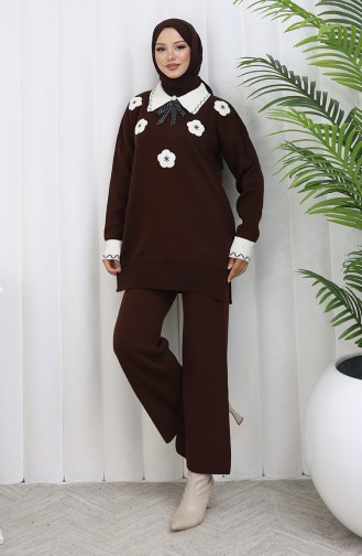 Gebreide Bloemenapplicatie Tuniek Broek Tweedelig Pak 1113-06 Bruin 1113-06
