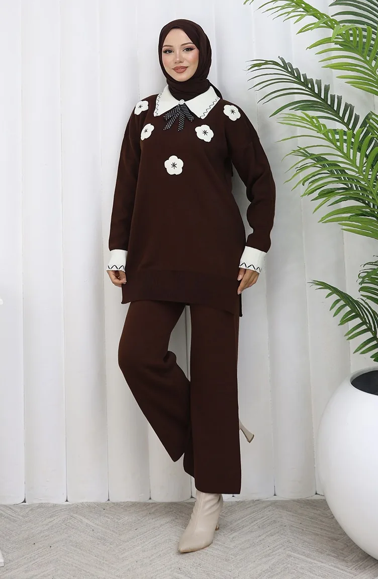 Strickmode Blumen Applikation Tunika Hose Zweiteiler 1113-06 Braun 1113-06
