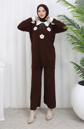 Gebreide Bloemenapplicatie Tuniek Broek Tweedelig Pak 1113-06 Bruin 1113-06