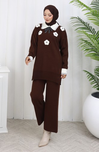 Gebreide Bloemenapplicatie Tuniek Broek Tweedelig Pak 1113-06 Bruin 1113-06