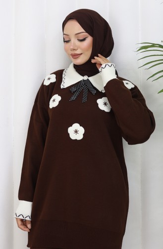 Gebreide Bloemenapplicatie Tuniek Broek Tweedelig Pak 1113-06 Bruin 1113-06