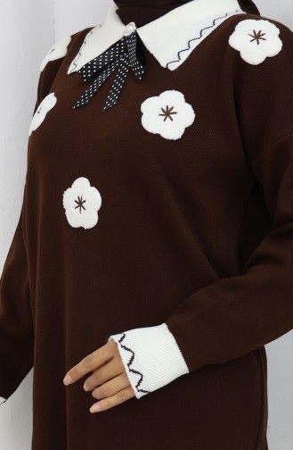 Gebreide Bloemenapplicatie Tuniek Broek Tweedelig Pak 1113-06 Bruin 1113-06