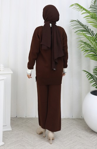 Gebreide Bloemenapplicatie Tuniek Broek Tweedelig Pak 1113-06 Bruin 1113-06