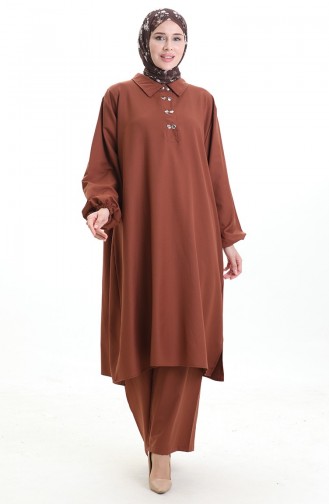 Gömlek Yaka Tunik Pantolon İkili Takım 0123-01 Kahverengi