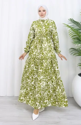 فستان منقوش بياقة ماندرين وخصر مربوط 0190-01 كاكي 0190-01