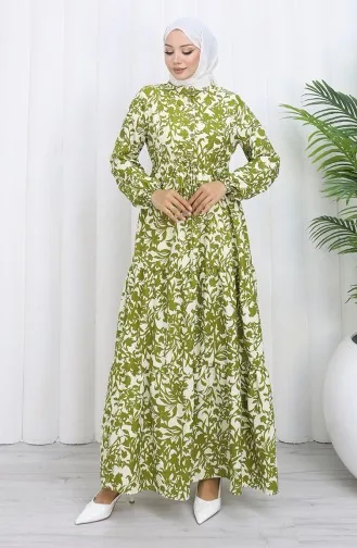 فستان منقوش بياقة ماندرين وخصر مربوط 0190-01 كاكي 0190-01