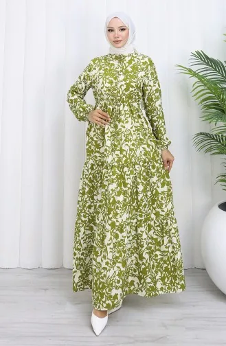 فستان منقوش بياقة ماندرين وخصر مربوط 0190-01 كاكي 0190-01