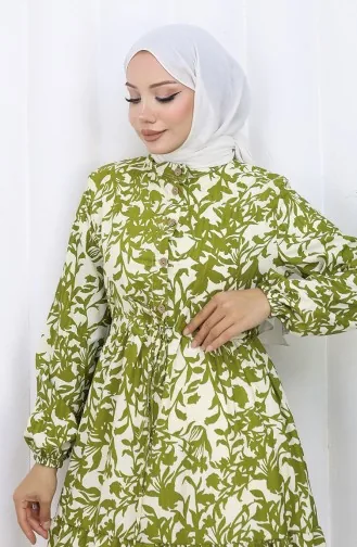 فستان منقوش بياقة ماندرين وخصر مربوط 0190-01 كاكي 0190-01