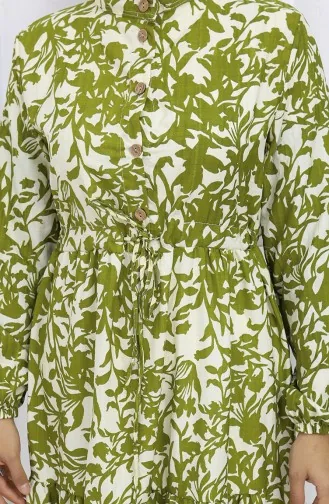 فستان منقوش بياقة ماندرين وخصر مربوط 0190-01 كاكي 0190-01