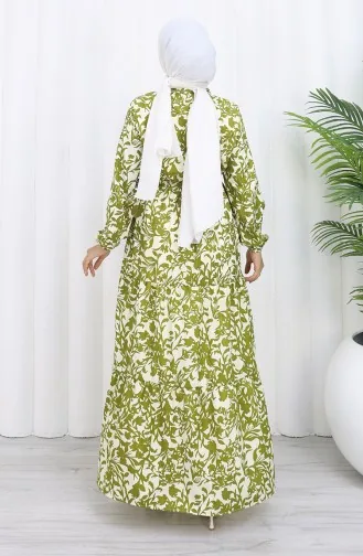 فستان منقوش بياقة ماندرين وخصر مربوط 0190-01 كاكي 0190-01