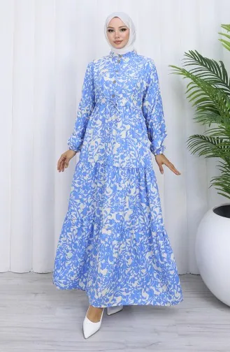 فستان منقوش بياقة صينية وخصر مربوط 0190-02 نيلي 0190-02