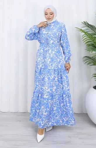 فستان منقوش بياقة صينية وخصر مربوط 0190-02 نيلي 0190-02