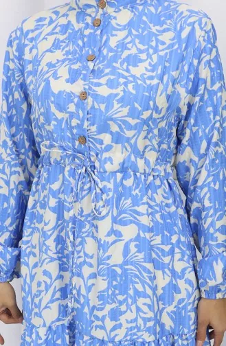 فستان منقوش بياقة صينية وخصر مربوط 0190-02 نيلي 0190-02