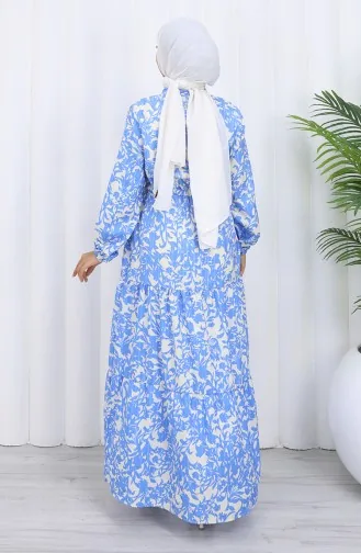 فستان منقوش بياقة صينية وخصر مربوط 0190-02 نيلي 0190-02