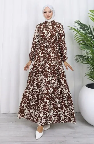 فستان منقوش بياقة ماندرين وخصر مربوط 0190-03 بني 0190-03