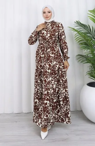 فستان منقوش بياقة ماندرين وخصر مربوط 0190-03 بني 0190-03