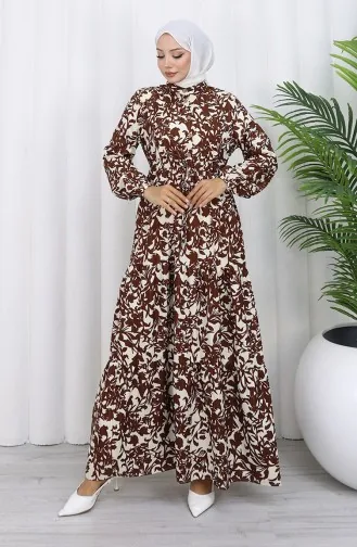فستان منقوش بياقة ماندرين وخصر مربوط 0190-03 بني 0190-03